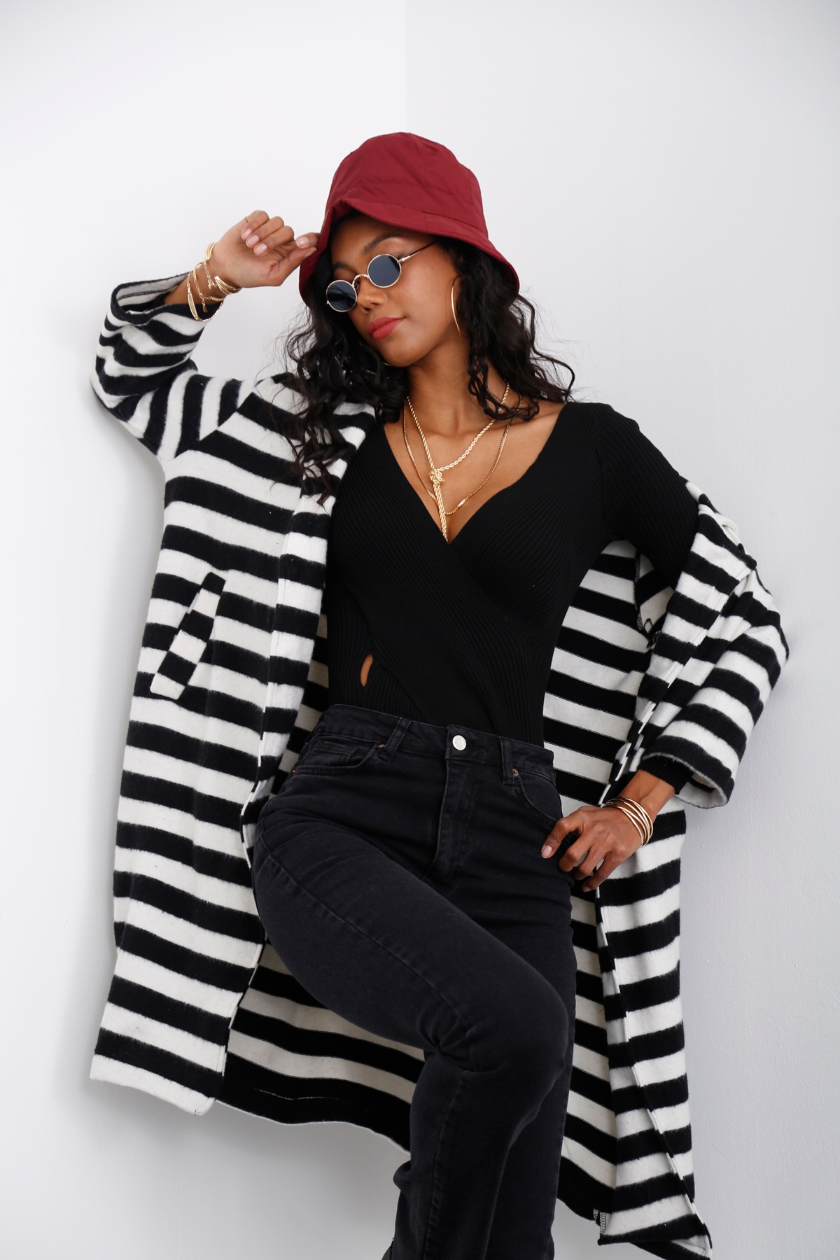 Siyah Çizgili Oversize Maxi Ceket 