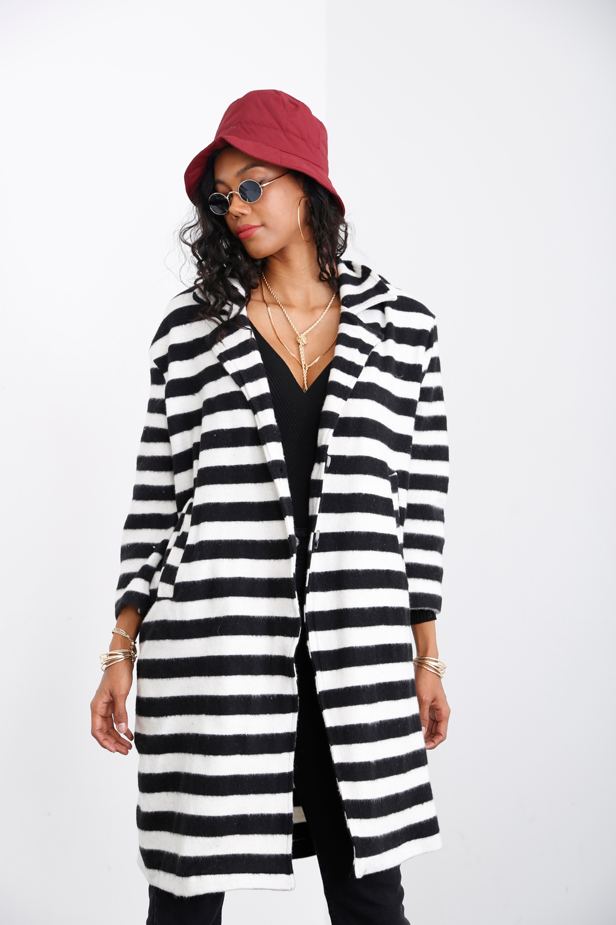 Siyah Çizgili Oversize Maxi Ceket 