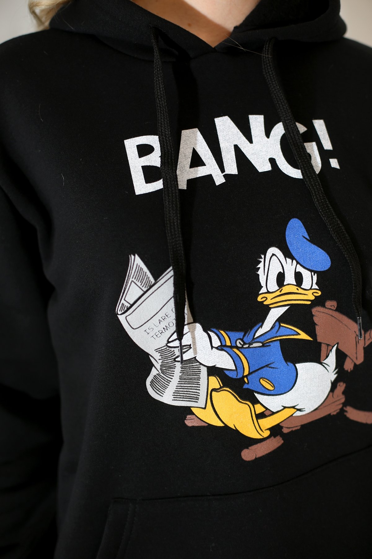 Siyah Donald Duck Baskılı Kapşonlu Sweatshirt