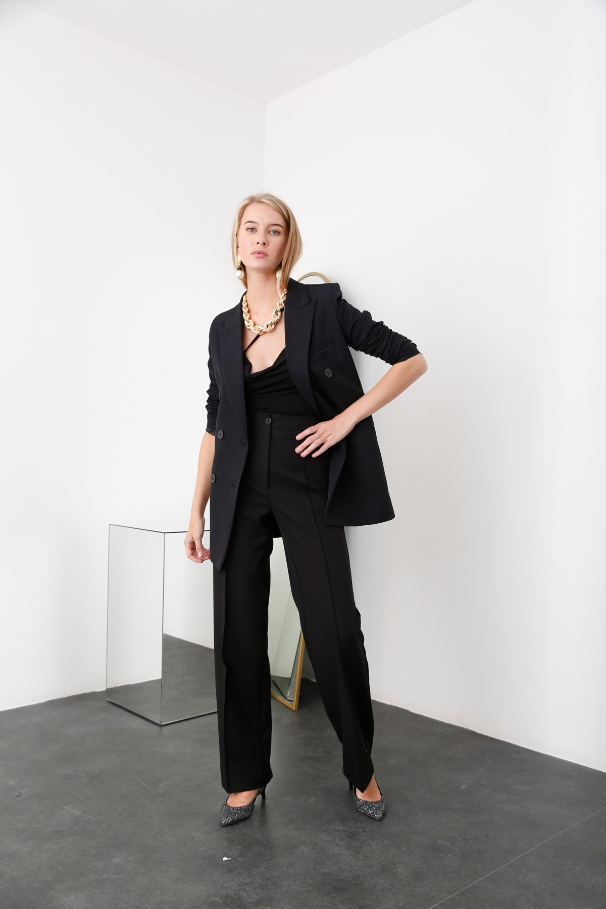 Siyah Dört Düğme Kruvaze Ceket 5190