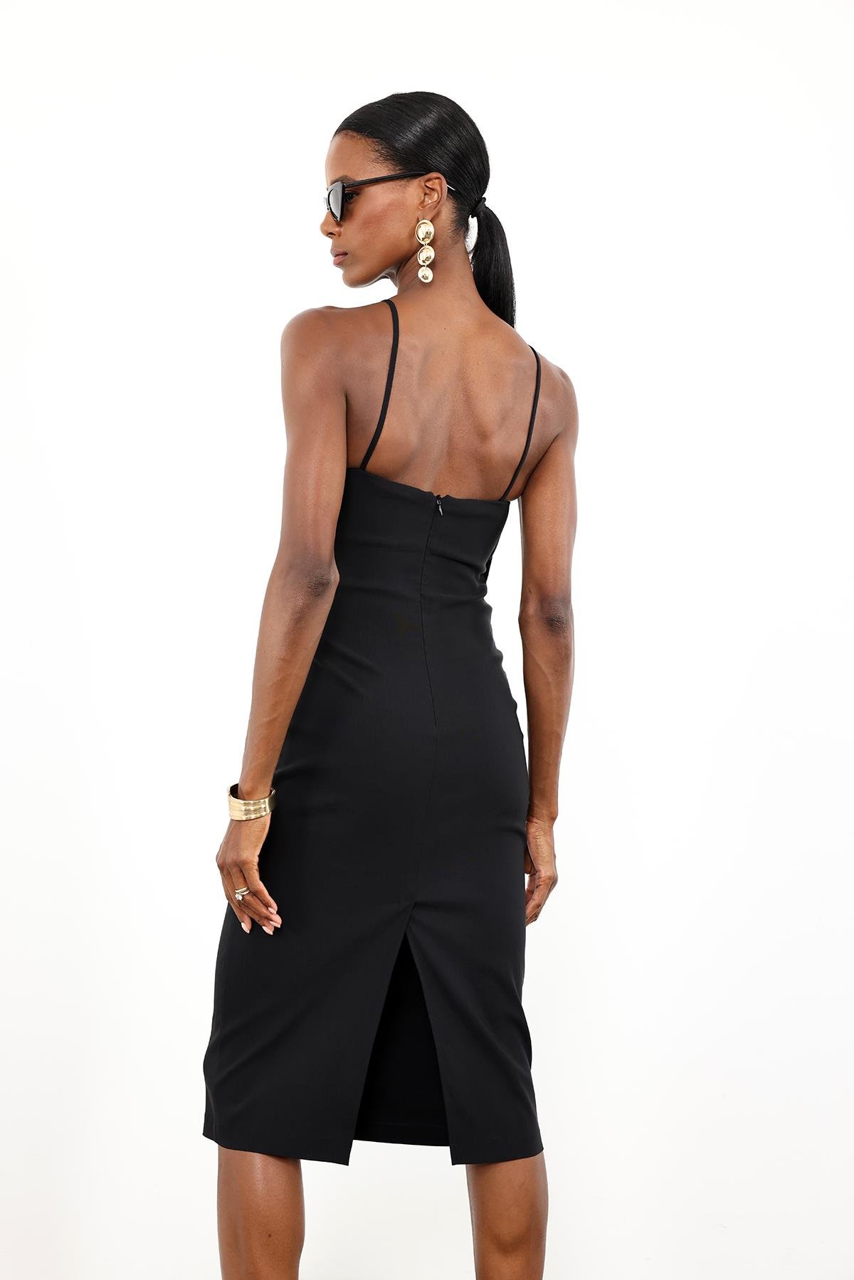 Siyah Drapeli Midi Boy Elbise 12389