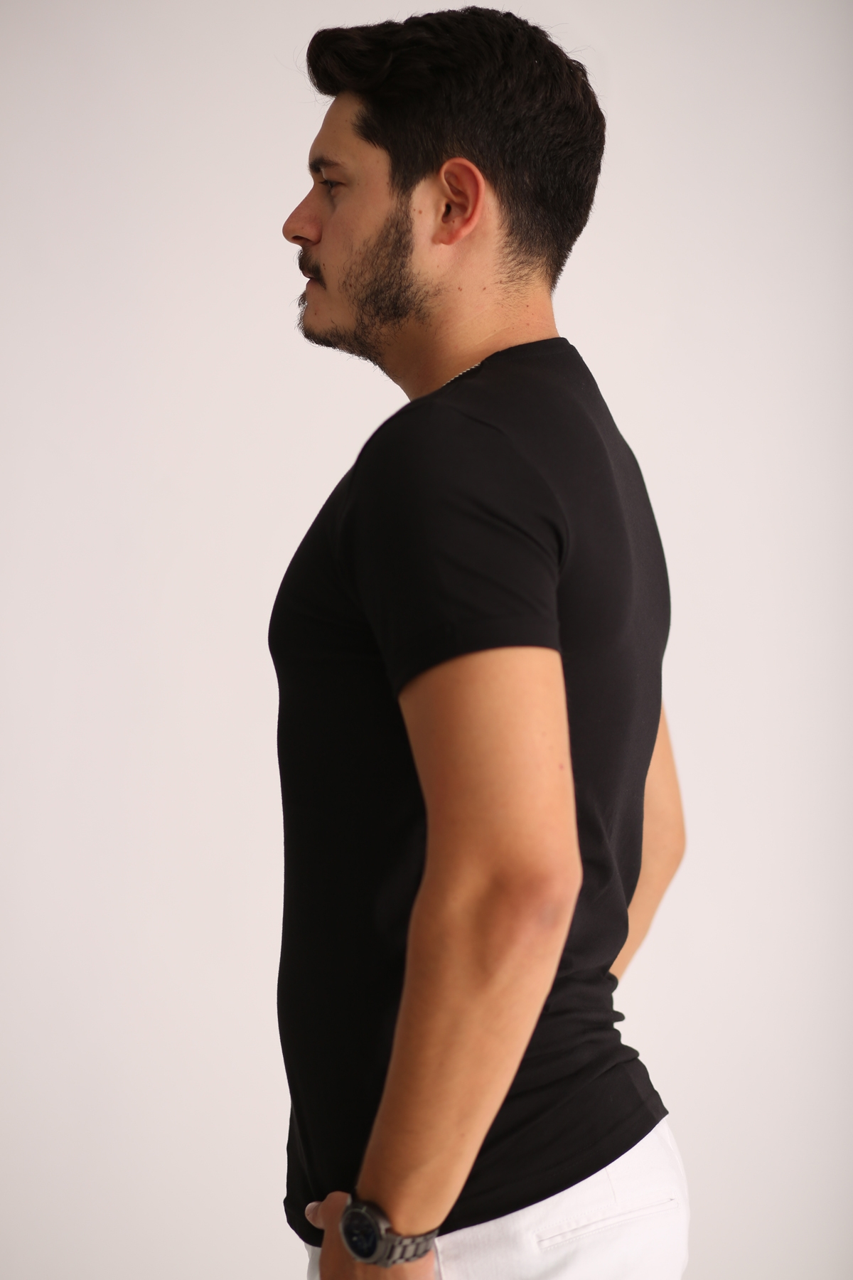 Siyah Erkek V Yaka Duble Kol Tshirt 