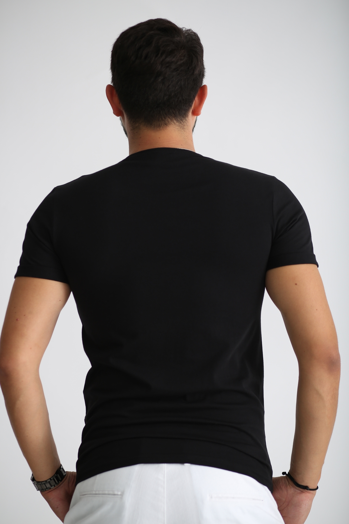 Siyah Erkek V Yaka Duble Kol Tshirt 