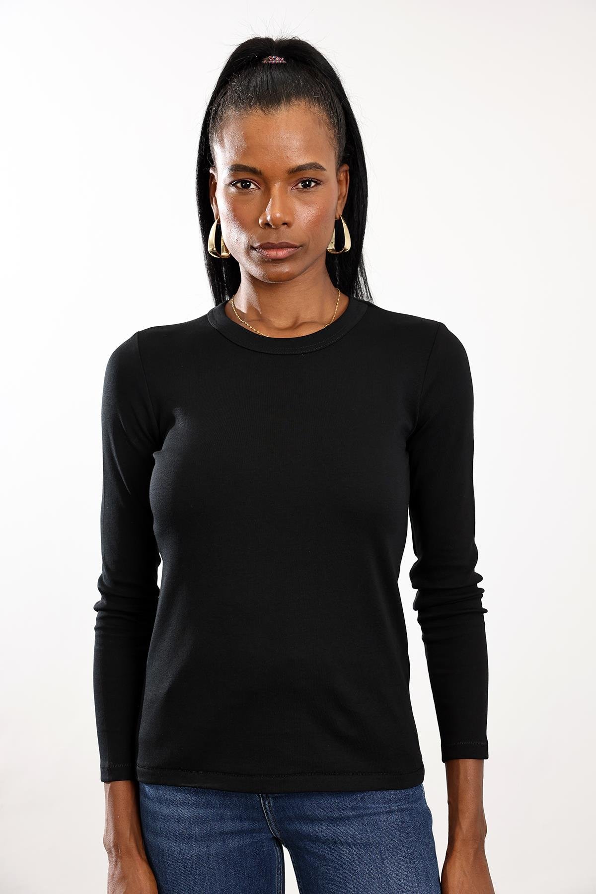 Siyah Fit Basic Uzun Kol Tişört 