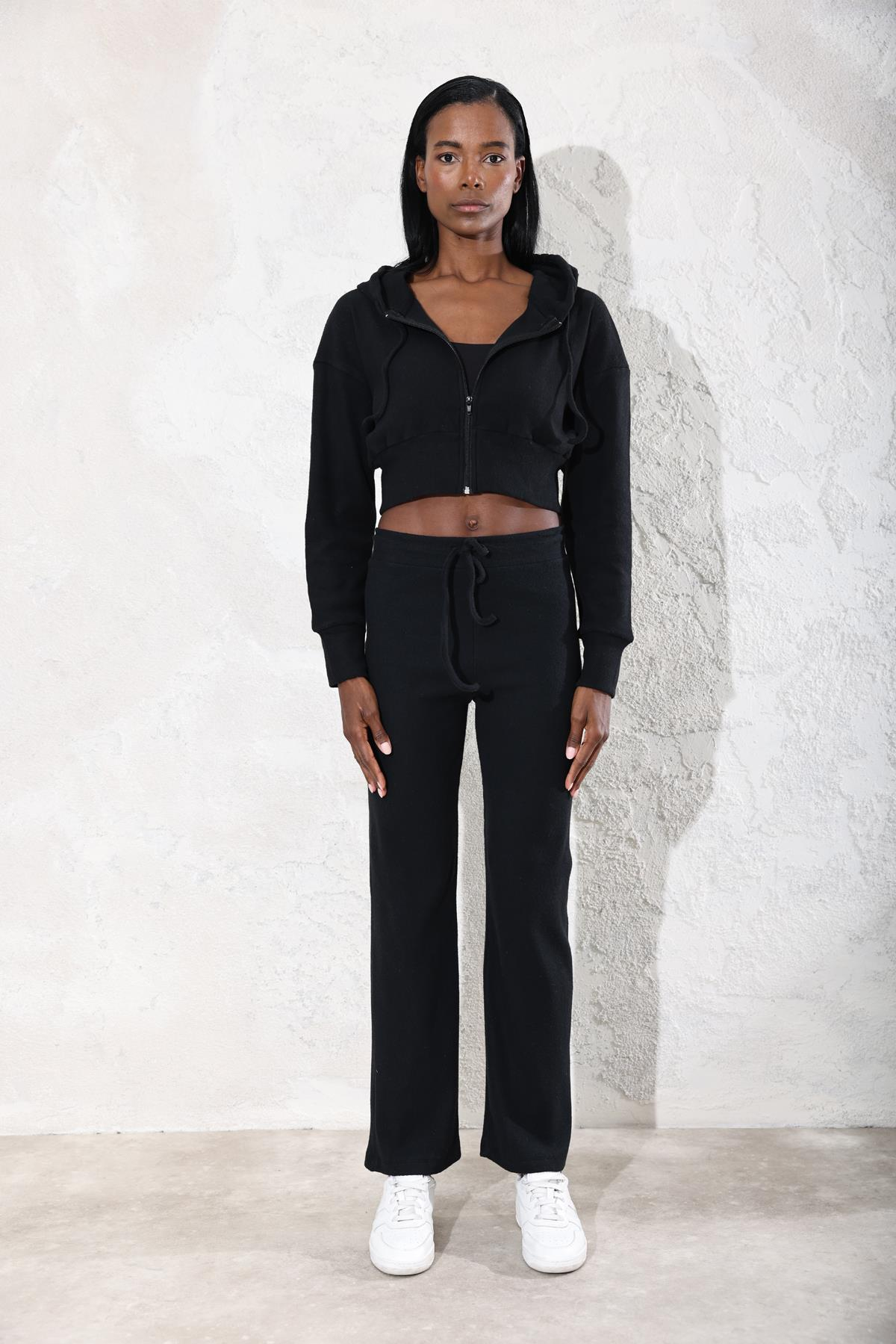Siyah Fitilli Fermuarlı Sweatshirt Eşofman Takım 