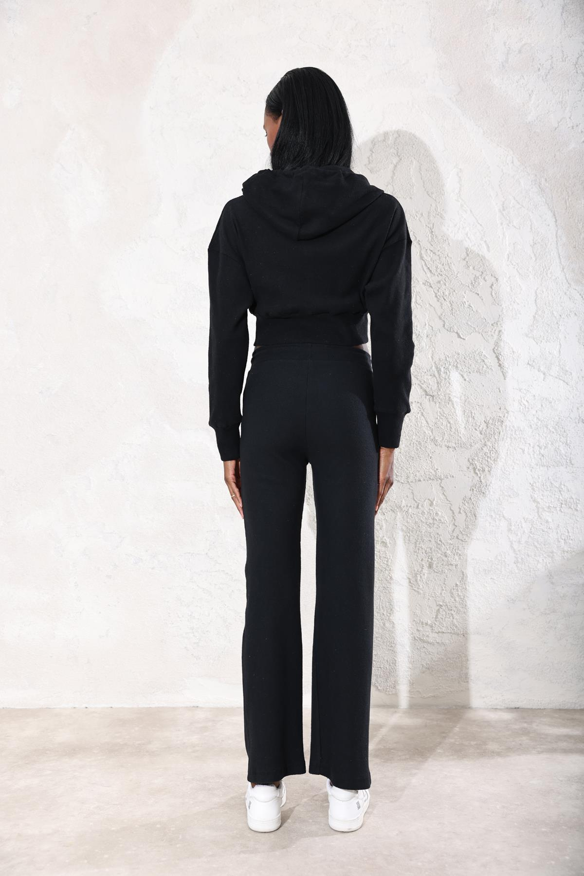 Siyah Fitilli Fermuarlı Sweatshirt Eşofman Takım 