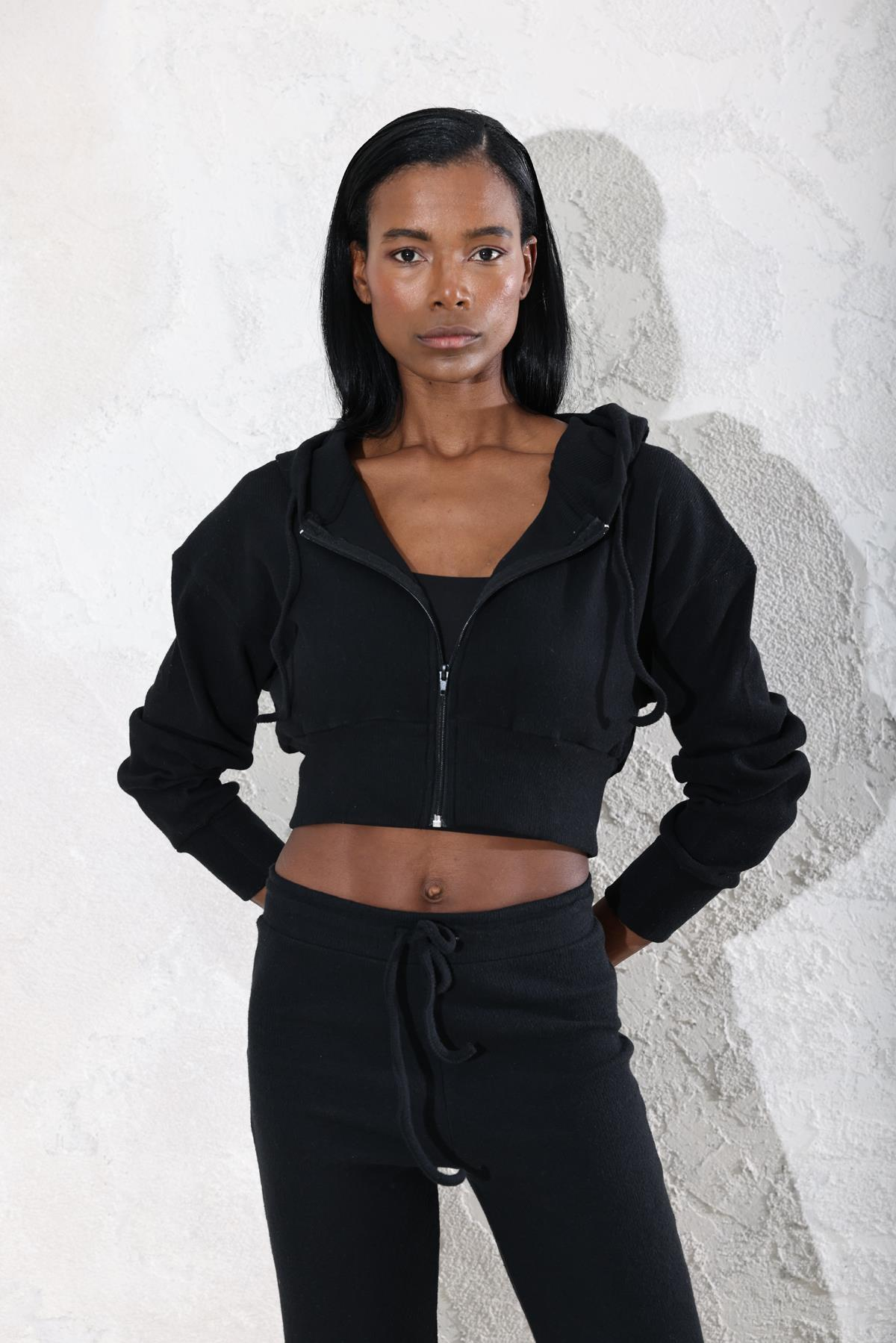 Siyah Fitilli Fermuarlı Sweatshirt Eşofman Takım 