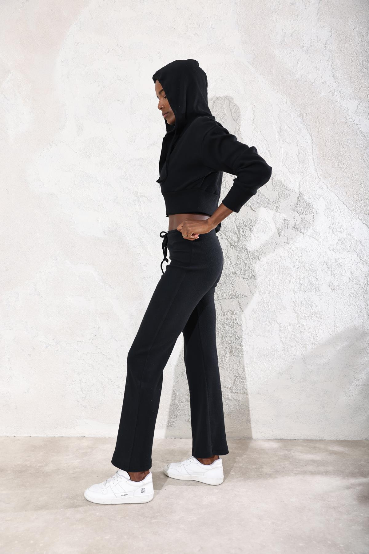 Siyah Fitilli Fermuarlı Sweatshirt Eşofman Takım 