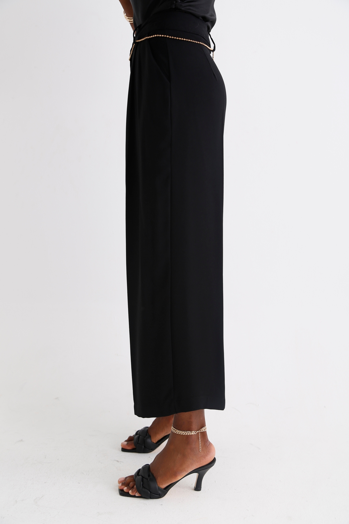 Siyah Geniş Paça Krep Pantolon 0036