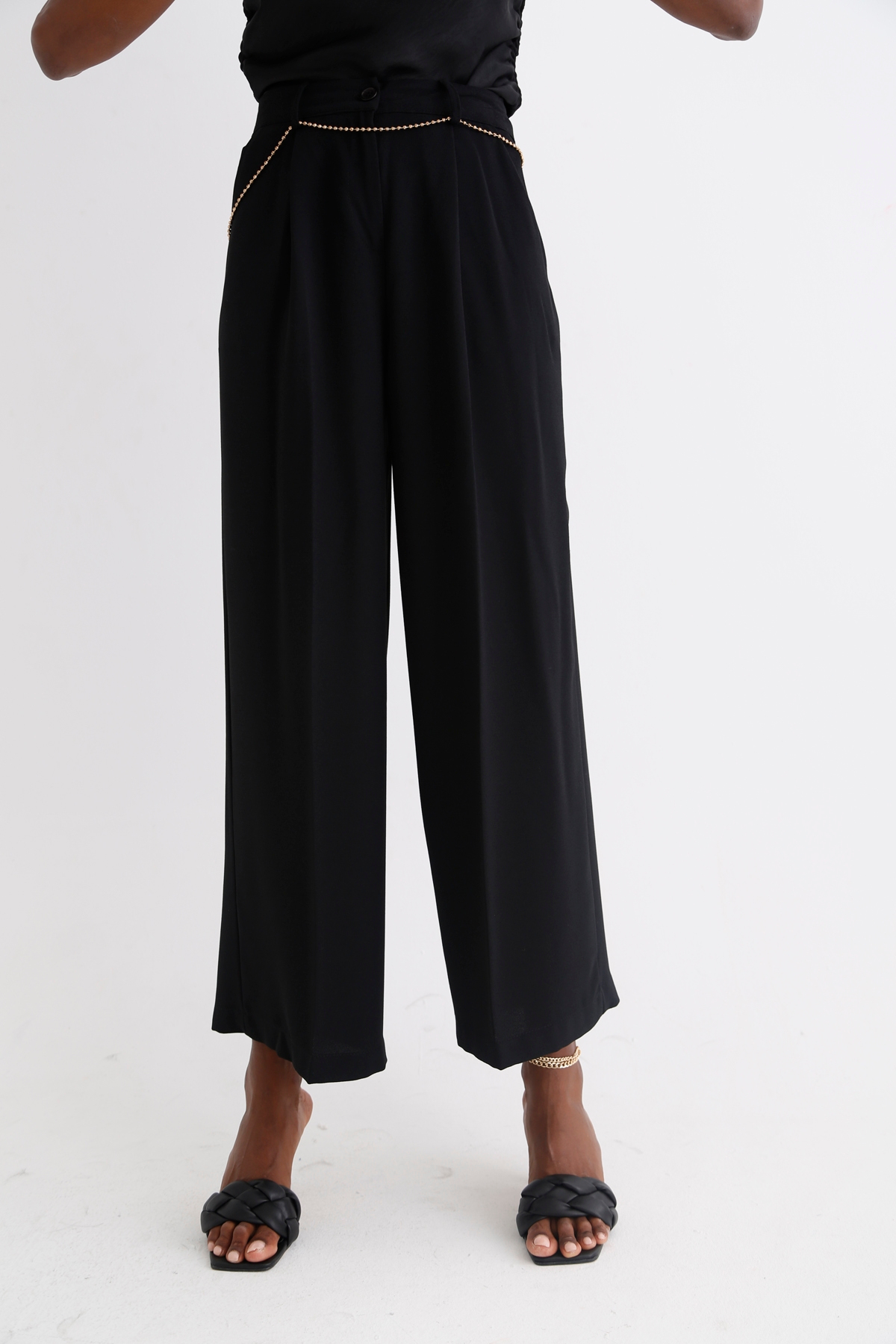 Siyah Geniş Paça Krep Pantolon 0036