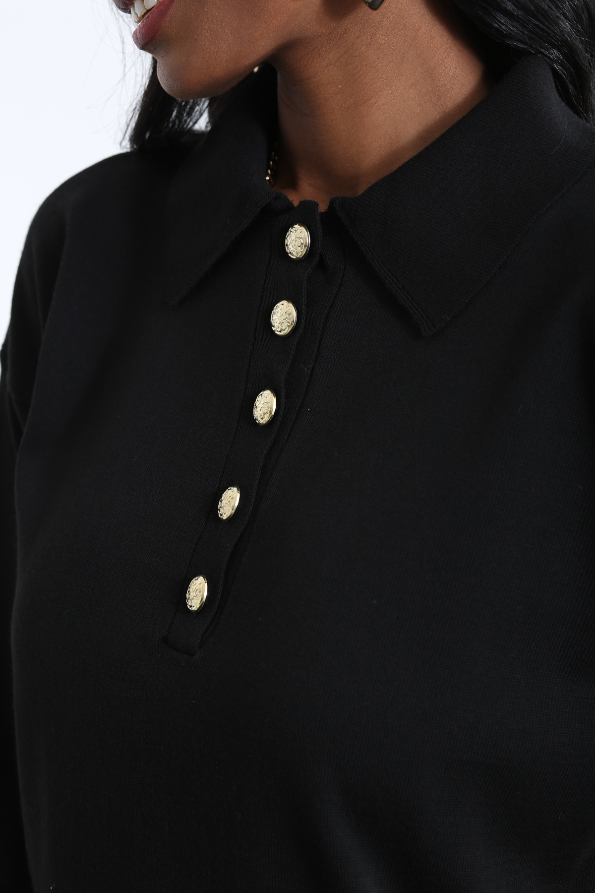 Siyah Gold Düğmeli Polo Yaka Kazak 05100