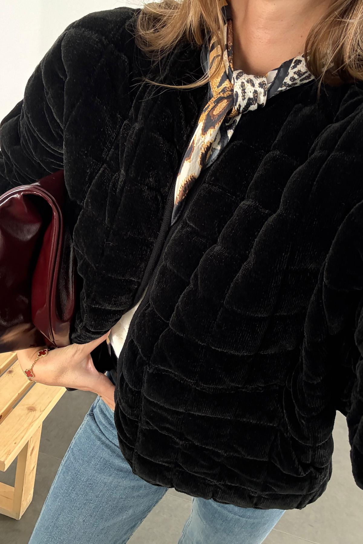 Siyah Kadife Kapitone Bomber Ceket 
