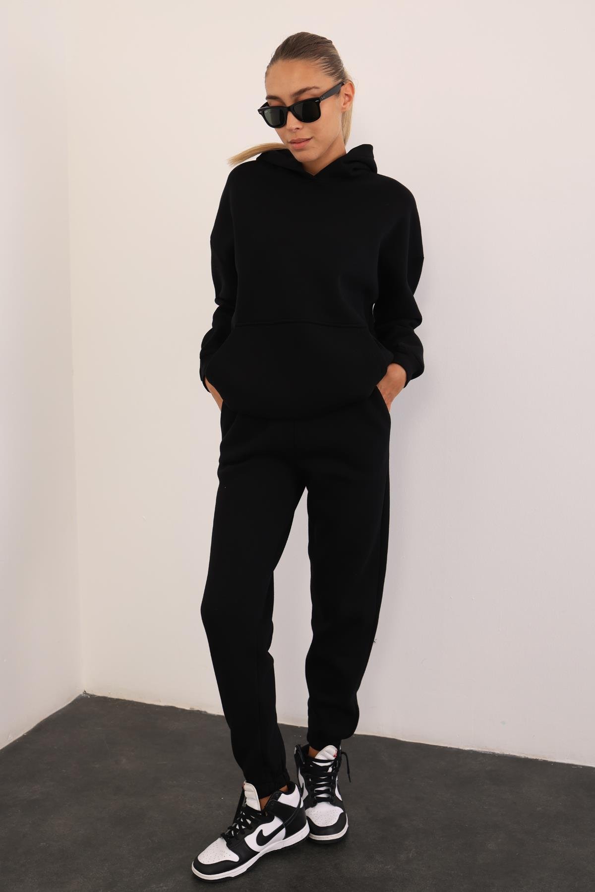 Siyah Kapüşonlu Sweatshirt Eşofman Takım 3828