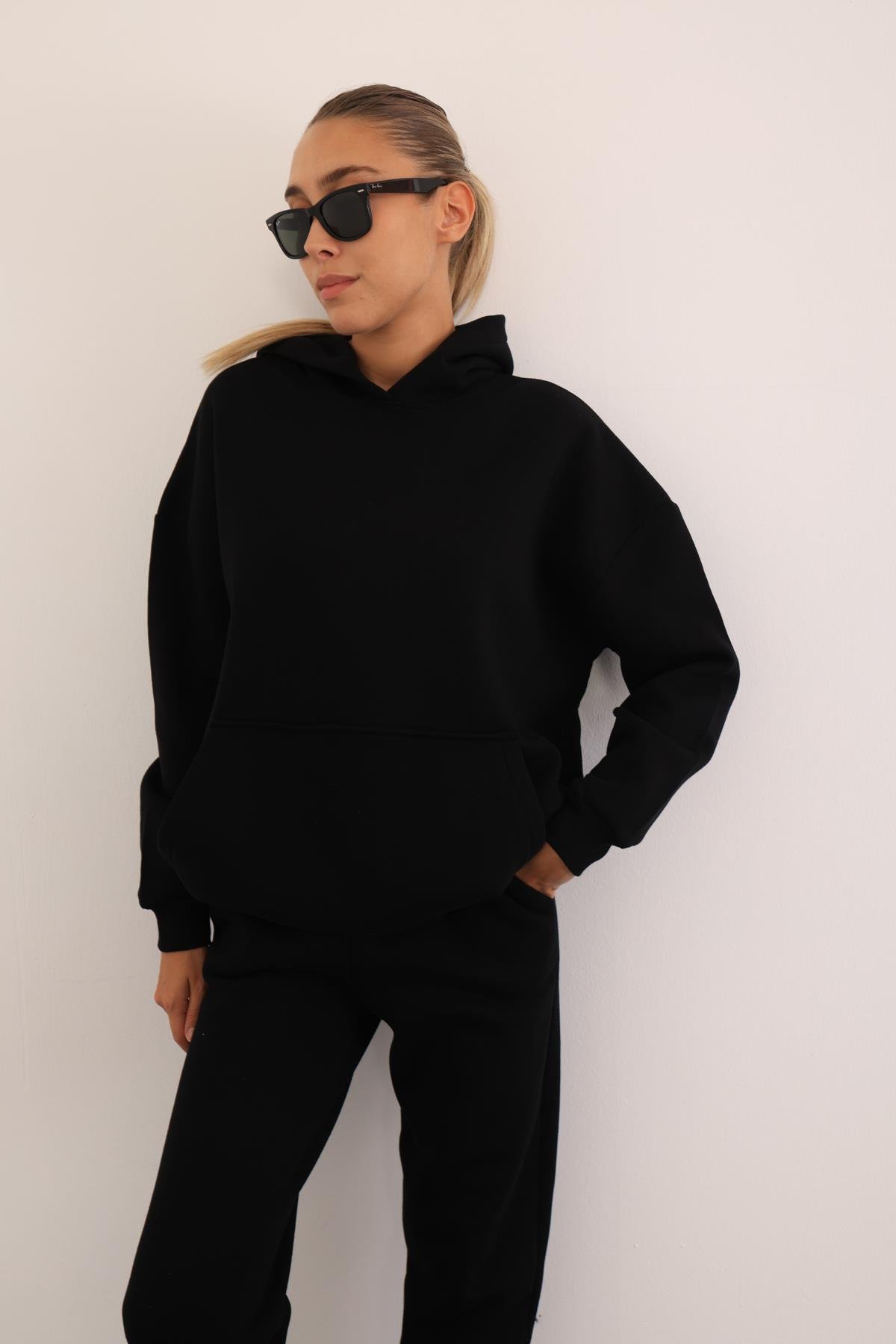Siyah Kapüşonlu Sweatshirt Eşofman Takım 3828