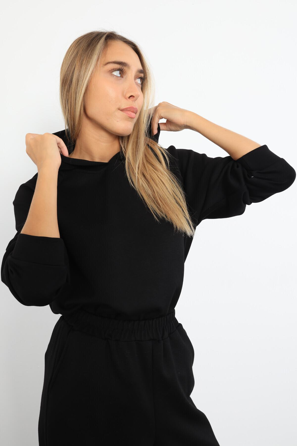 Siyah Kapüşonlu Sweatshirt Modal Takım 231601