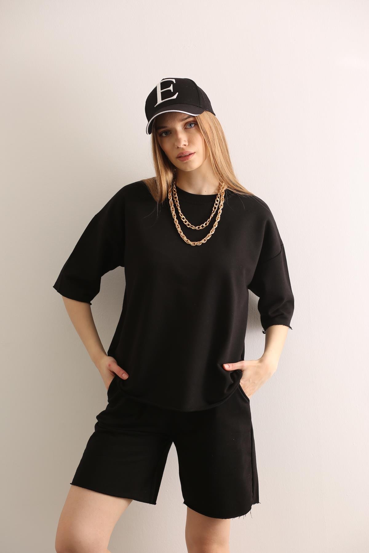 Siyah Kısa Kol Sweatshirt Şort Takım 3812