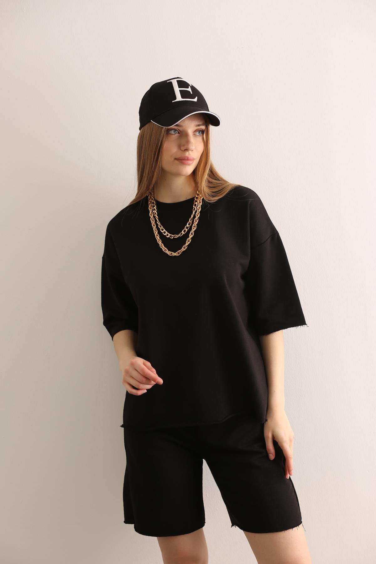 Siyah Kısa Kol Sweatshirt Şort Takım 3812
