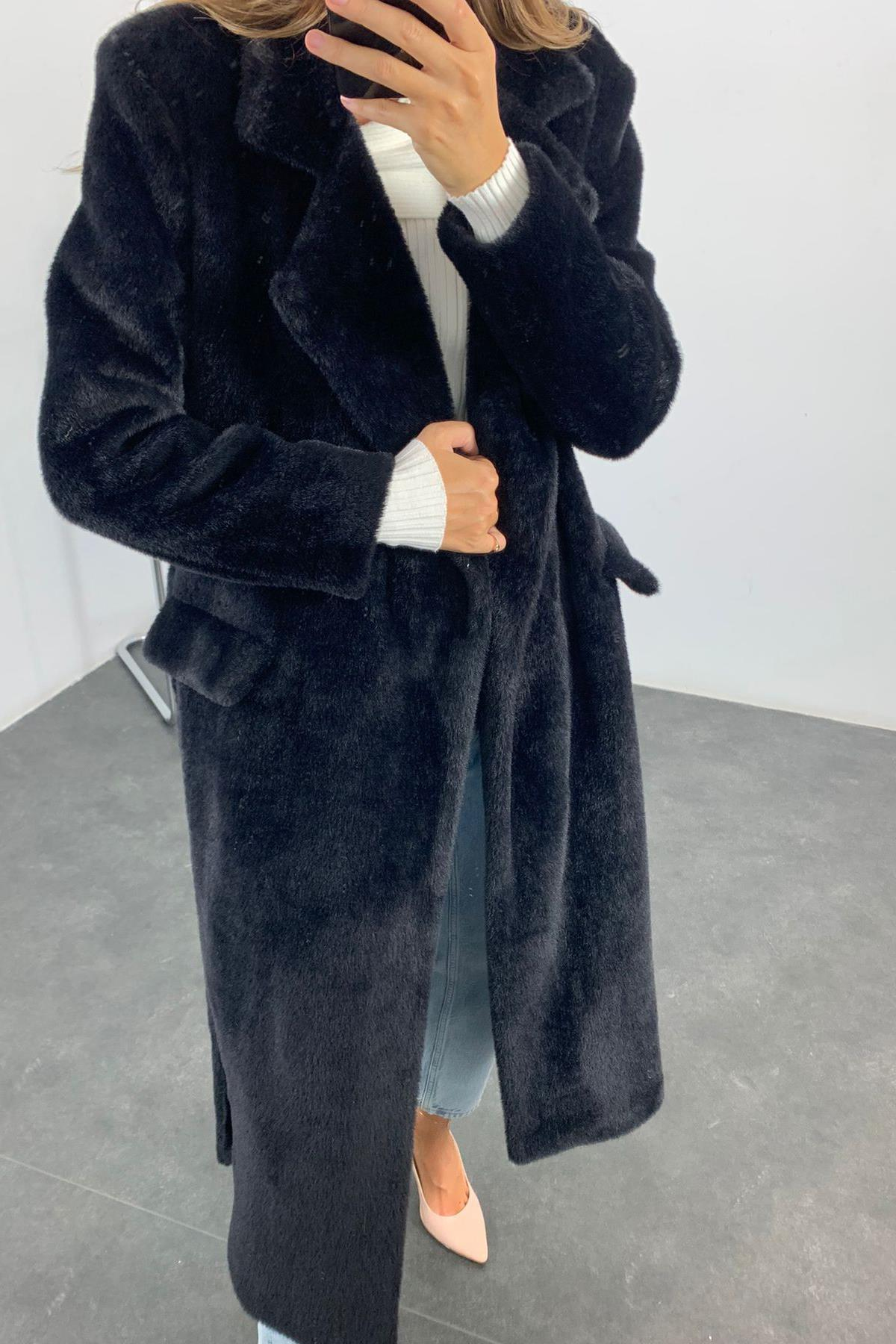 Siyah Kuşaklı Maxi Boy Peluş Palto 542127