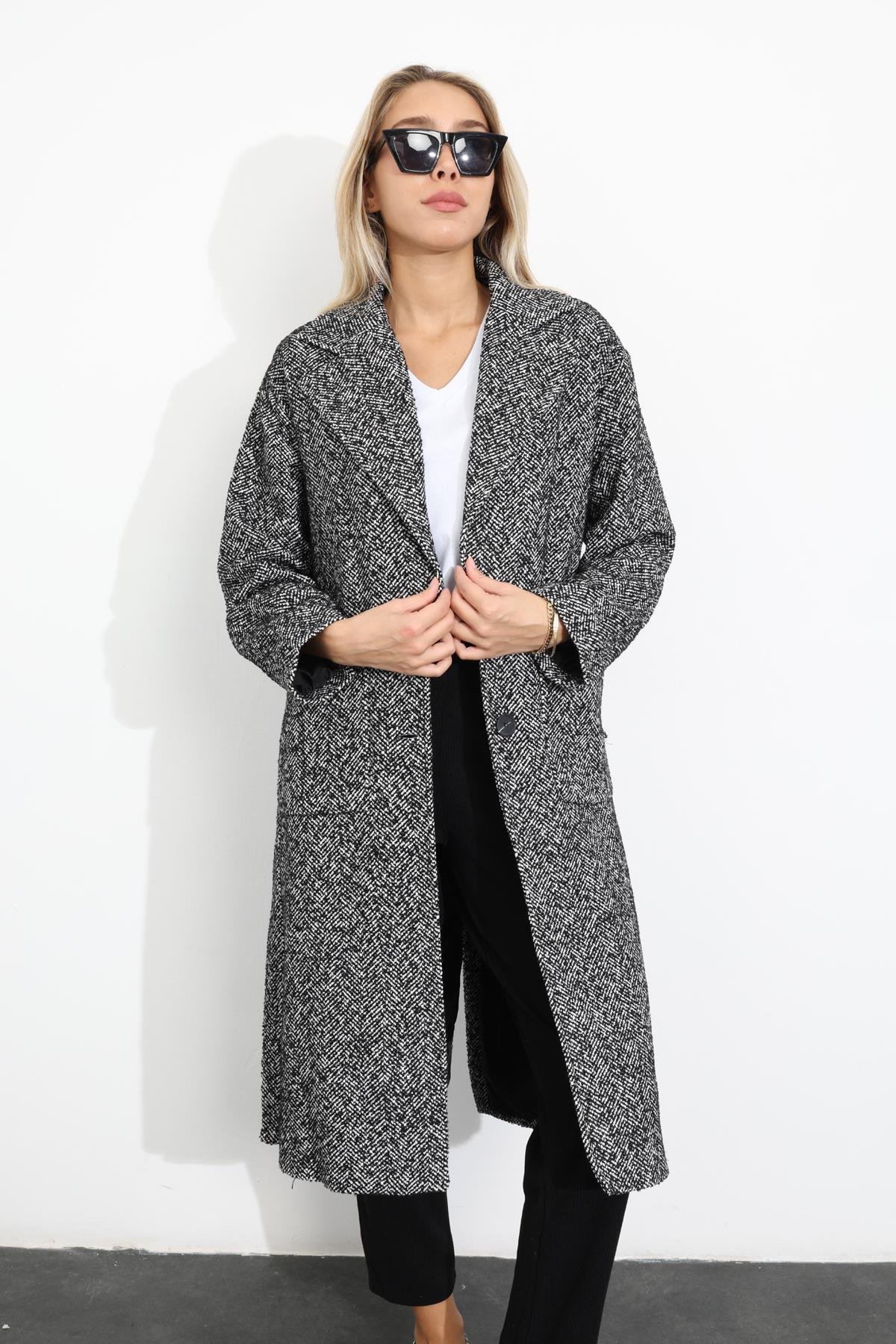 Siyah Kuşaklı Torba Cepli Maxi Boy Palto 99102