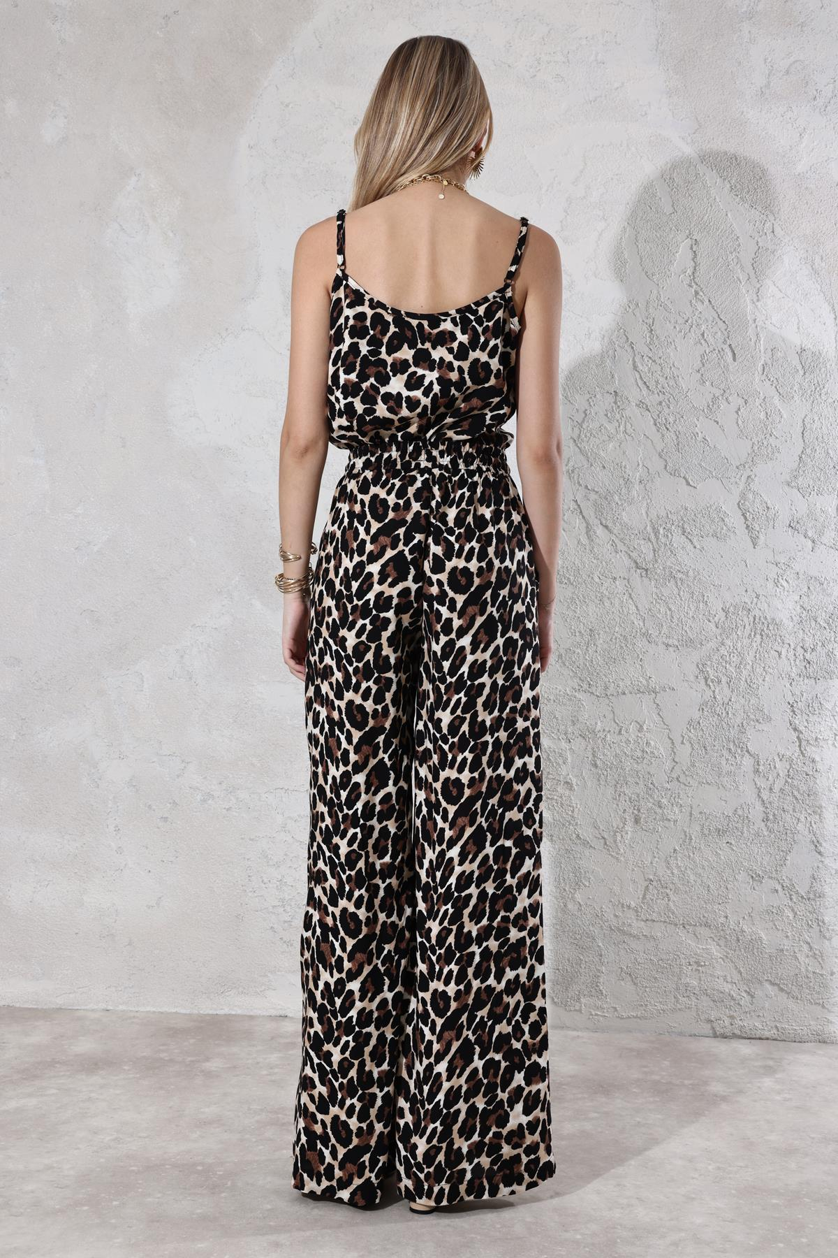 Siyah Leopar Desen Askılı Bluz Pantolon Takım 986109
