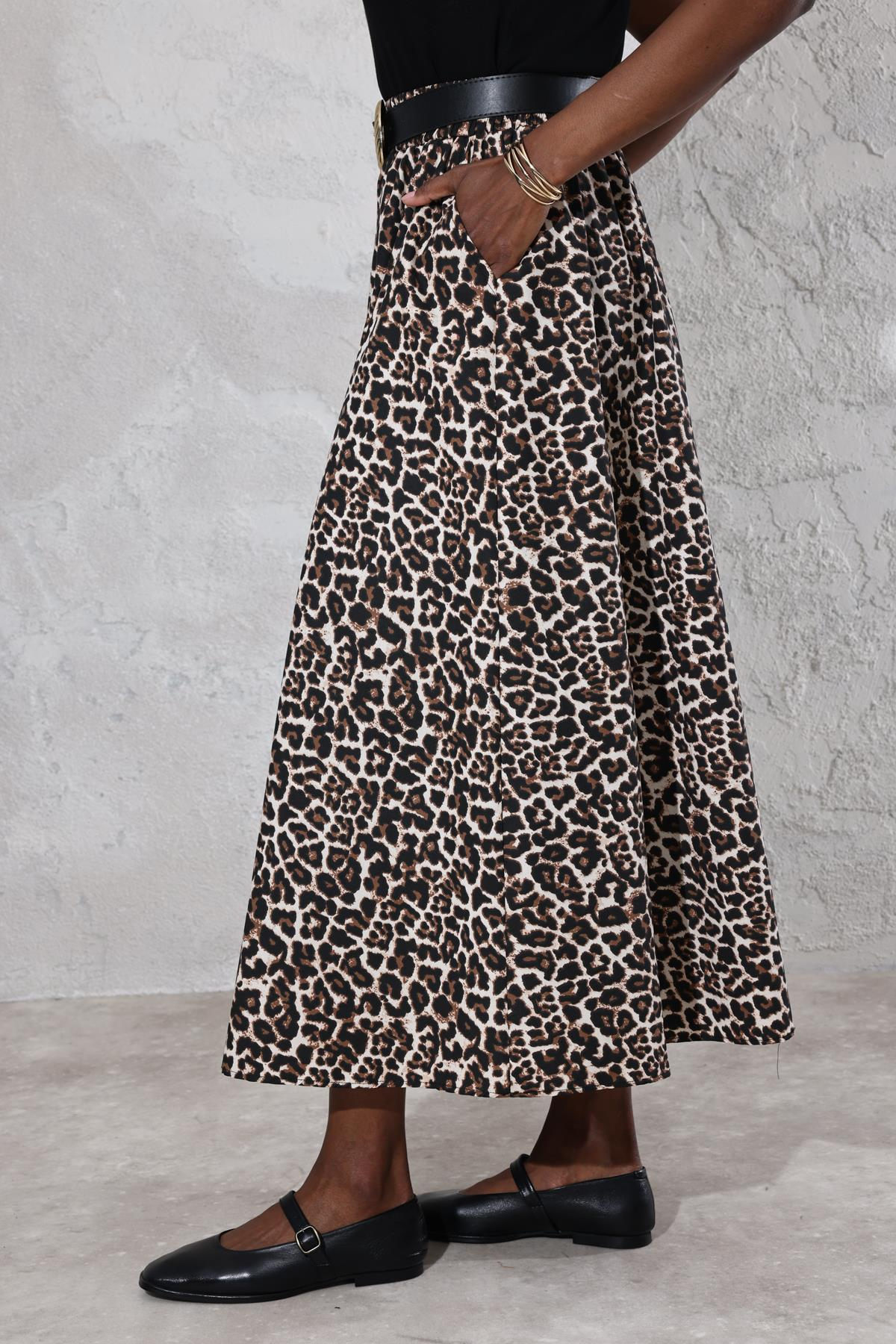 Siyah Leopar Desen Maxi Boy Etek 50154