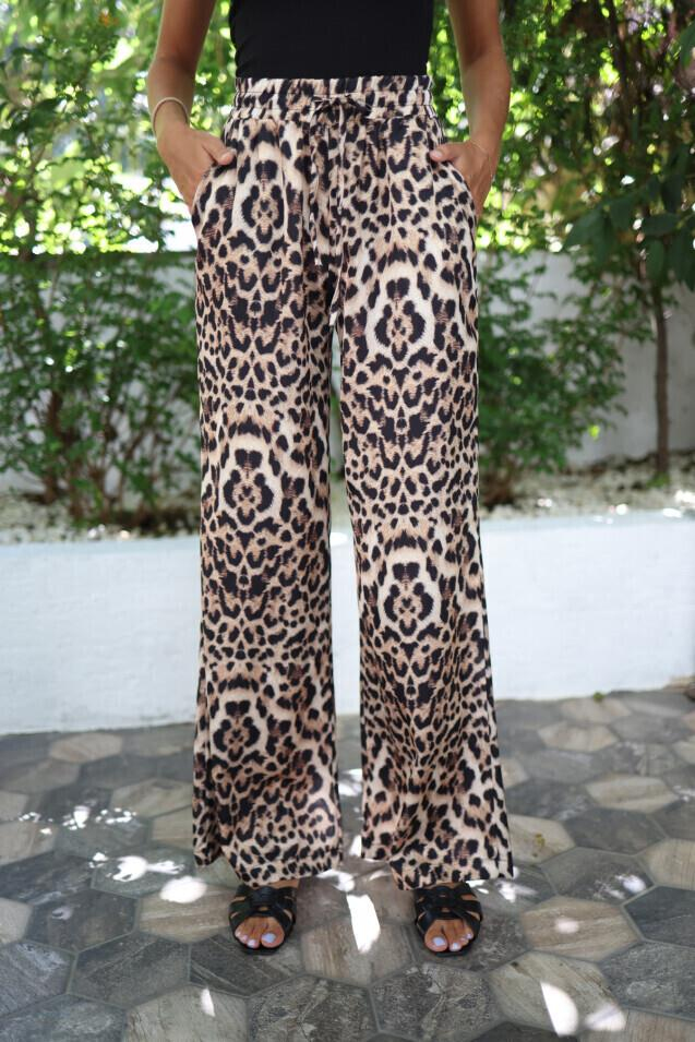 Siyah Leopar Desen Saten Pantolon 33409