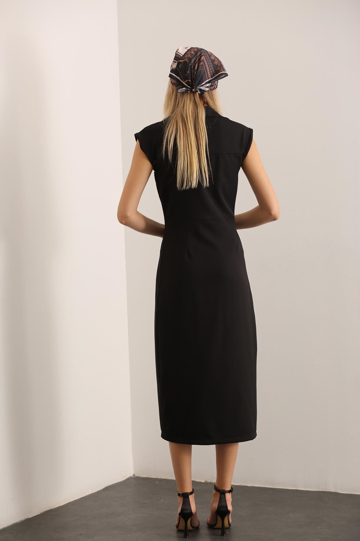 Siyah Maxi Boy Düğmeli Elbise 29664