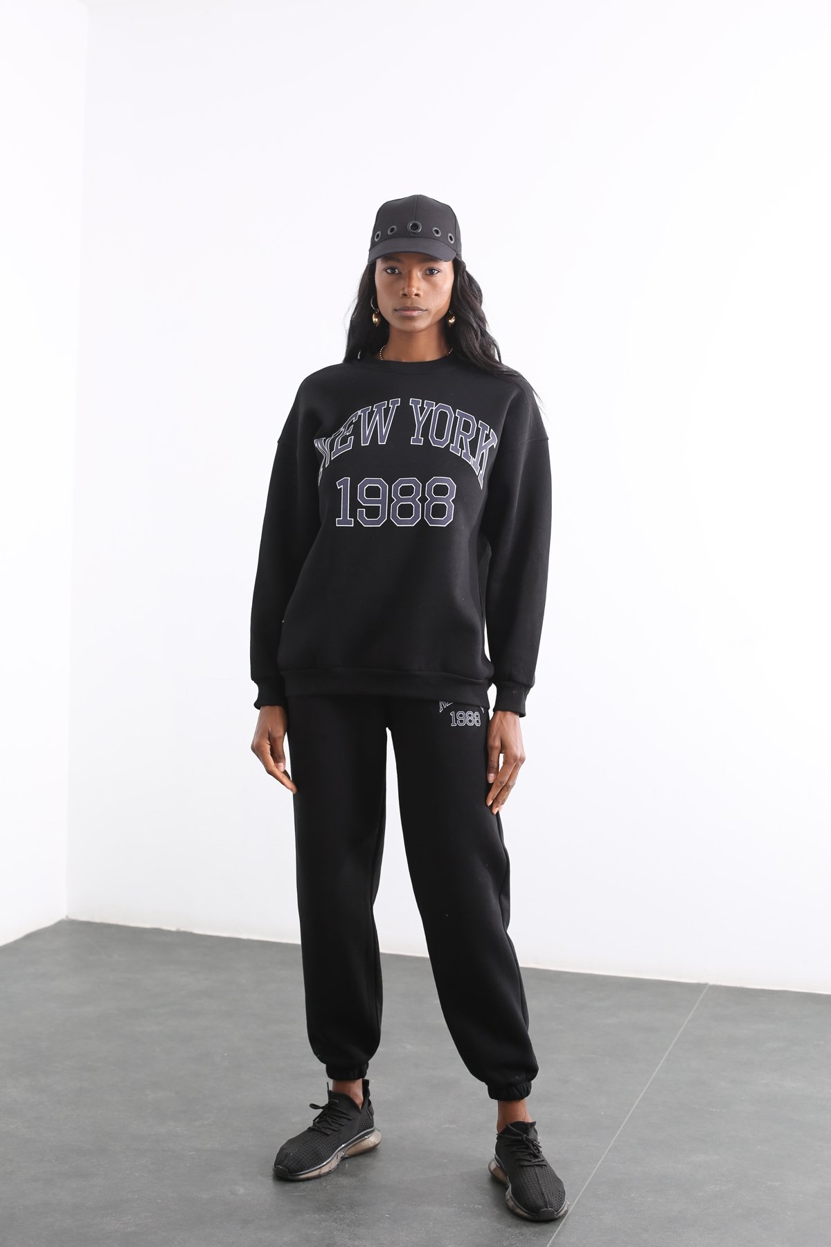 Siyah Newyork Baskılı Sweatshirt Takım 3846