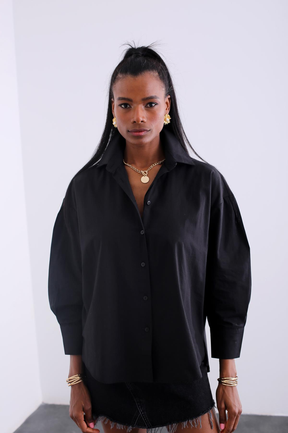 Siyah Oversize Gömlek 