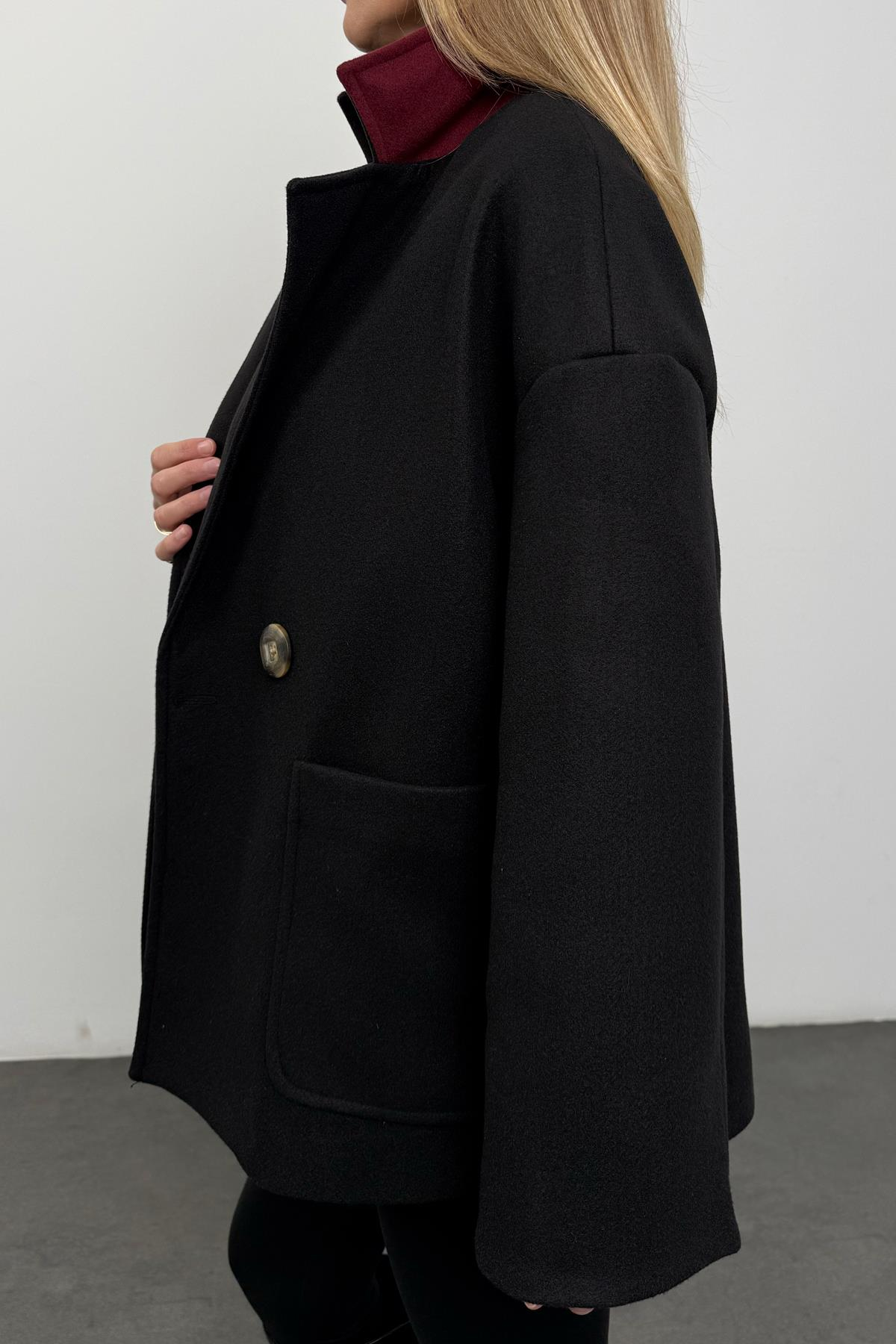 Siyah Oversize Kaşe Palto 