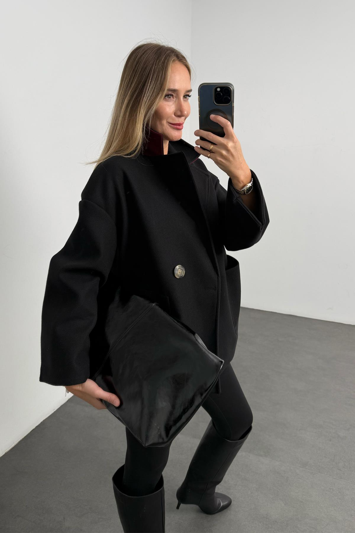 Siyah Oversize Kaşe Palto 
