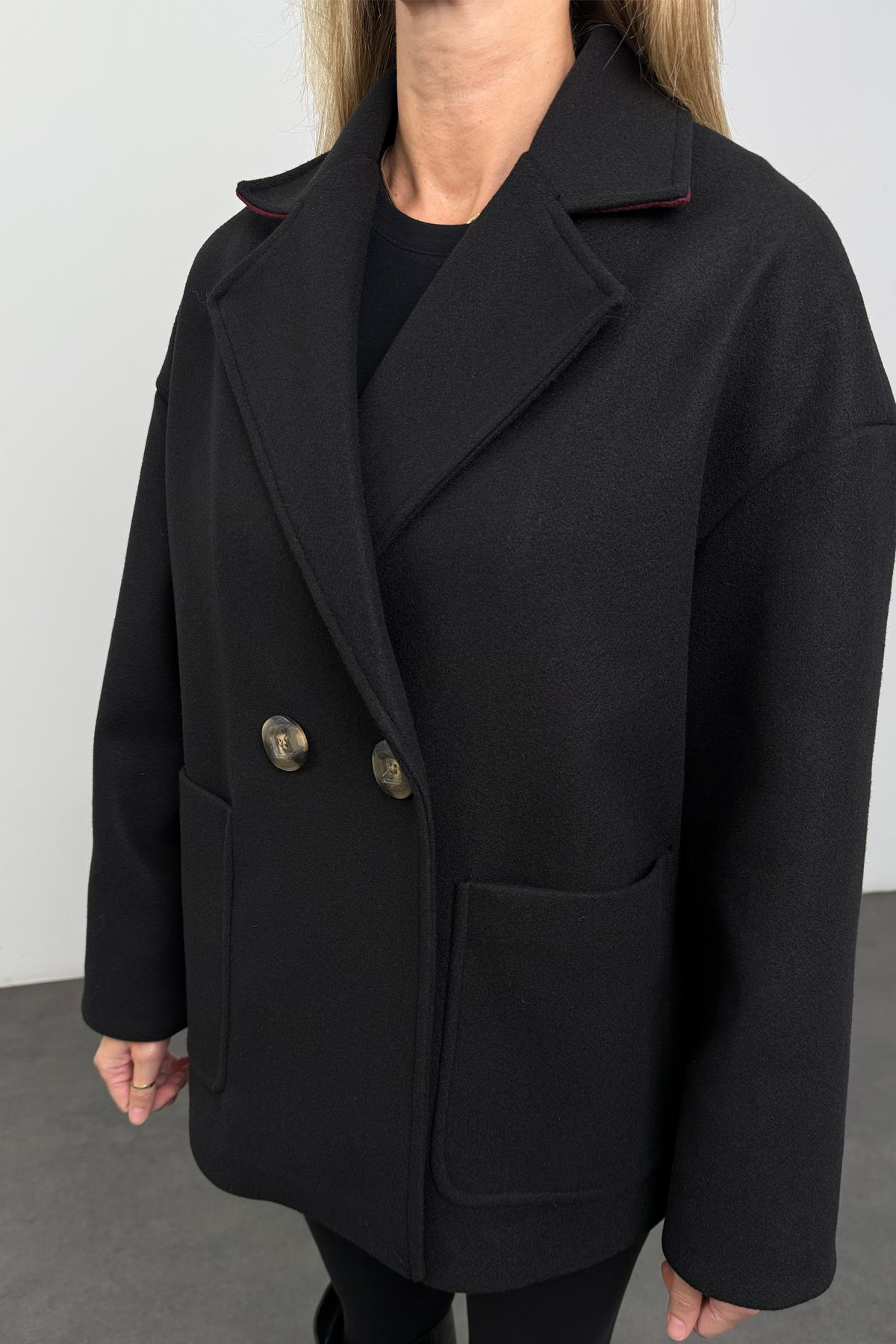 Siyah Oversize Kaşe Palto 