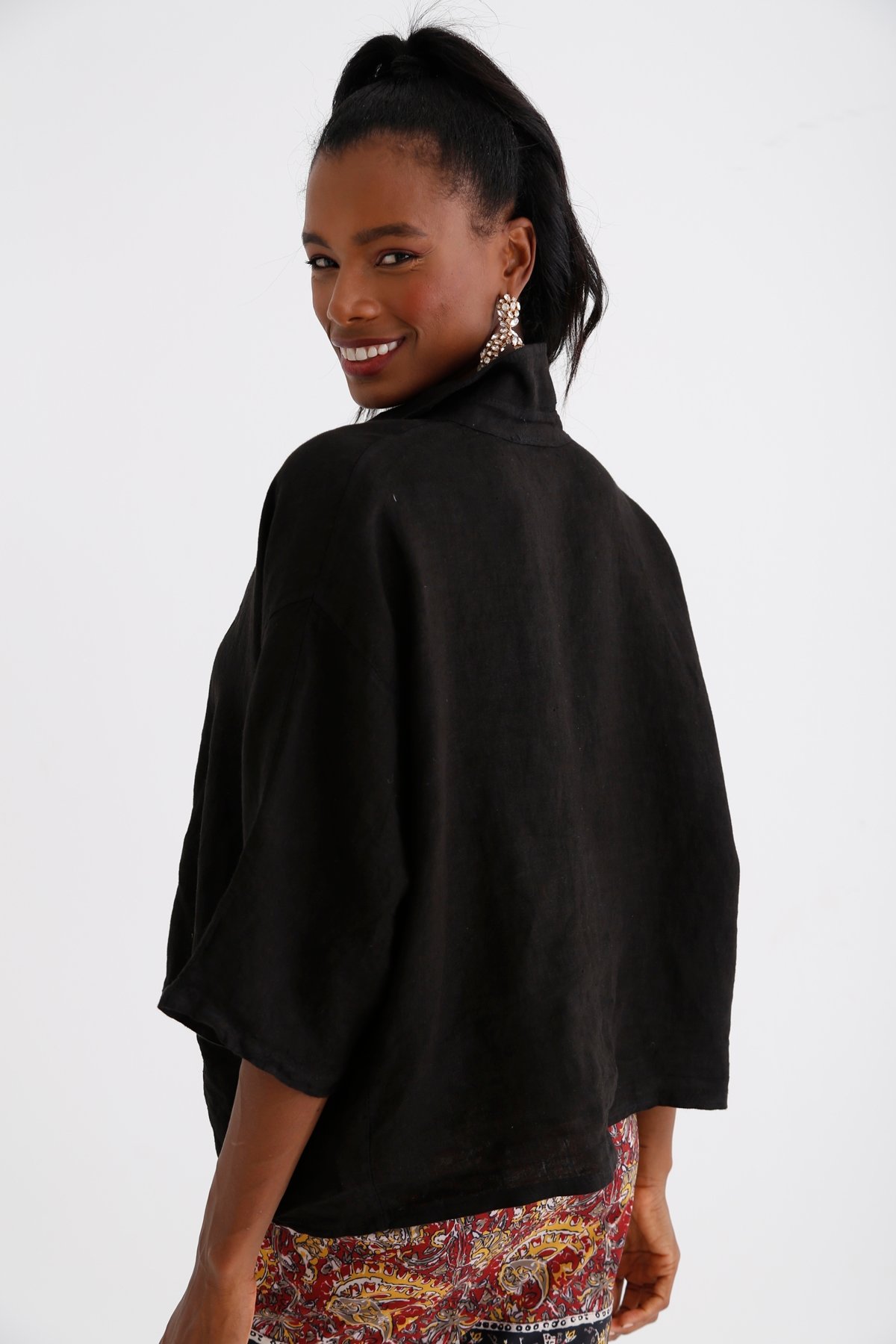 Siyah Oversize Keten Gömlek M34147