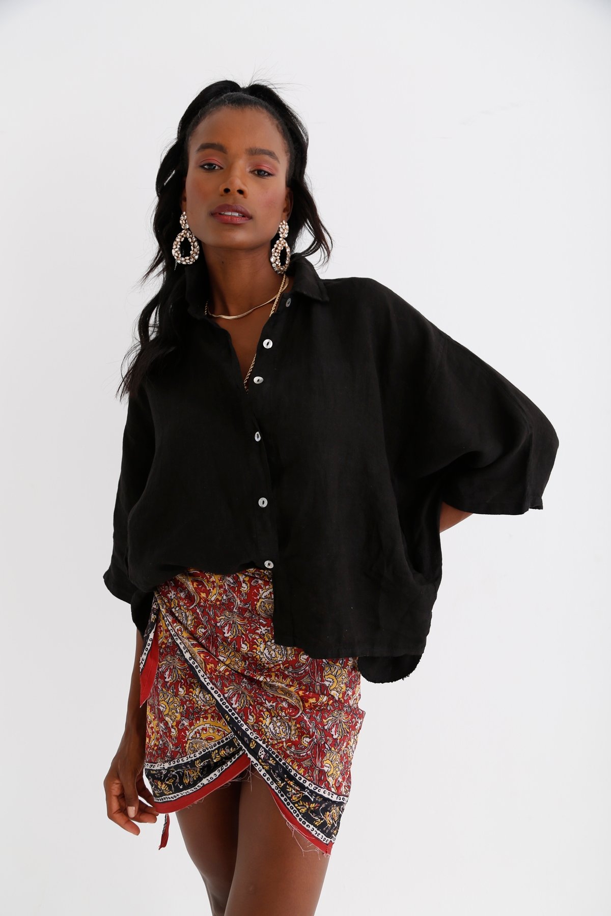 Siyah Oversize Keten Gömlek M34147