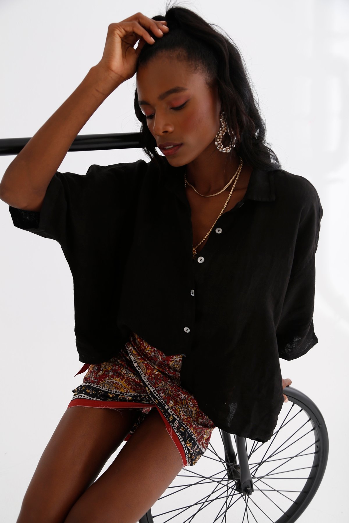 Siyah Oversize Keten Gömlek M34147
