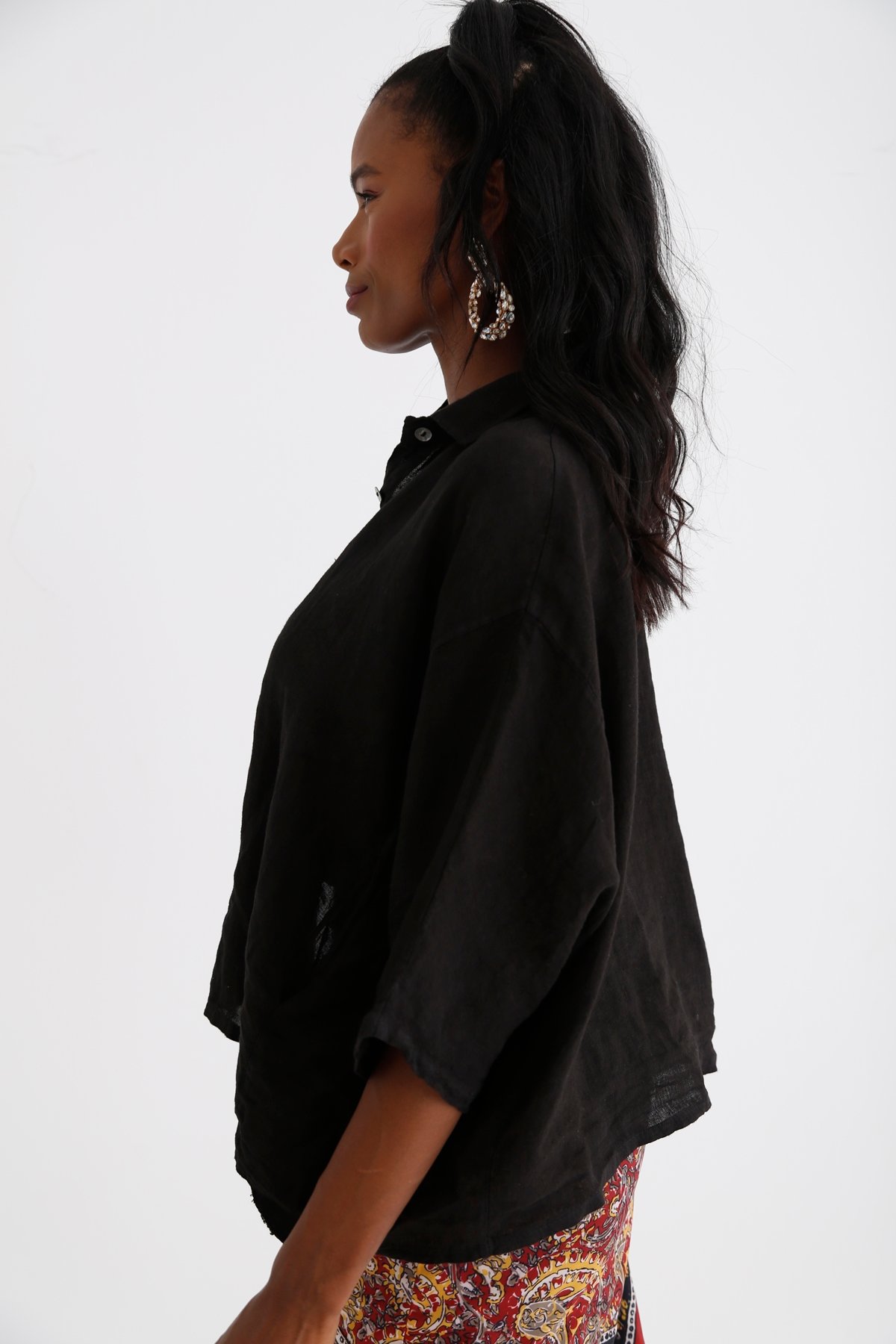 Siyah Oversize Keten Gömlek M34147