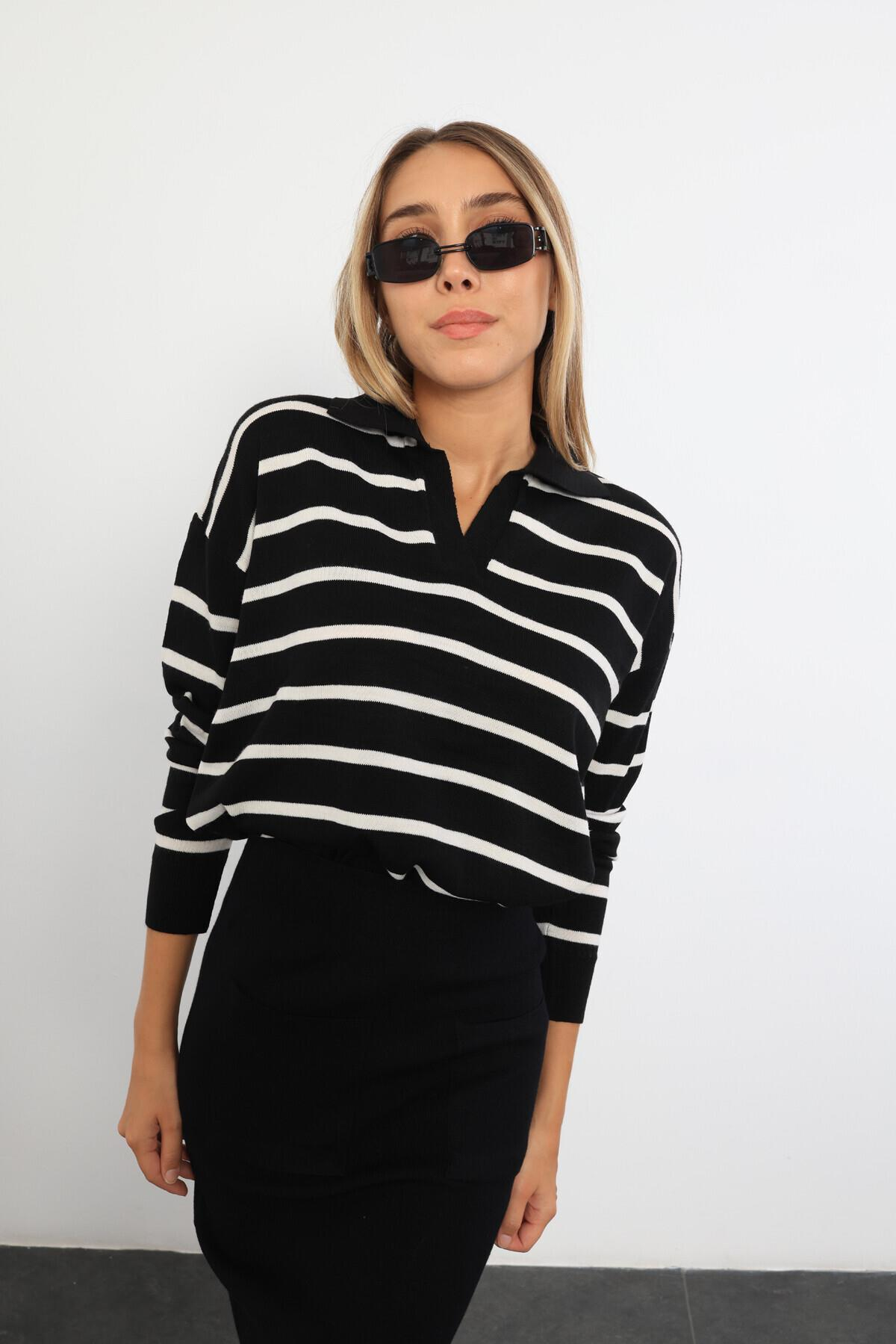 Siyah Polo Yaka Çizgili Triko 210244