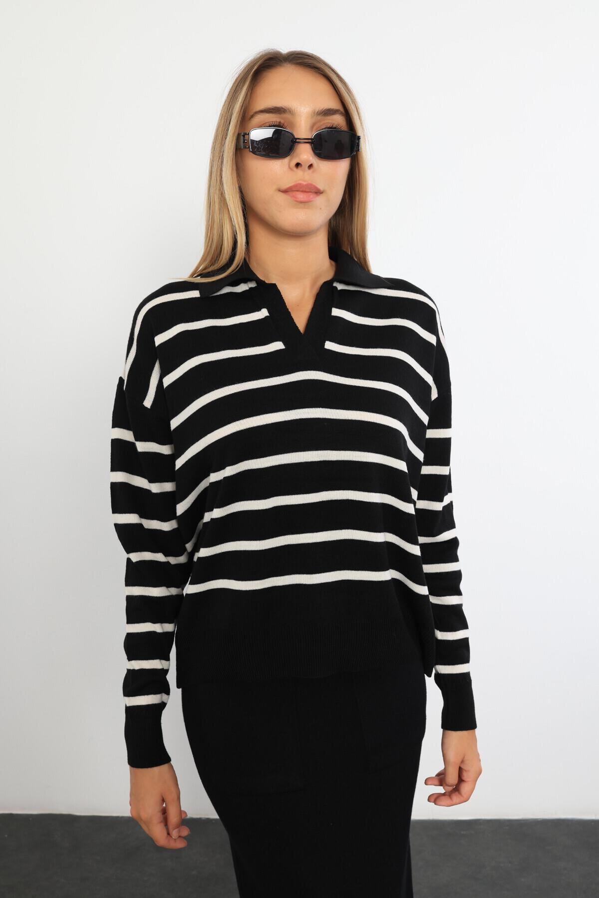 Siyah Polo Yaka Çizgili Triko 210244