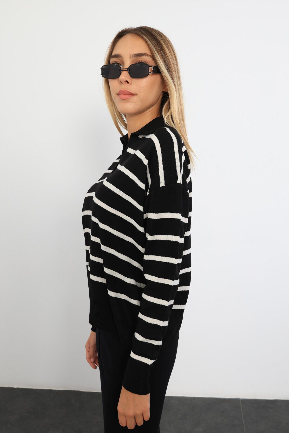 Siyah Polo Yaka Çizgili Triko 210244