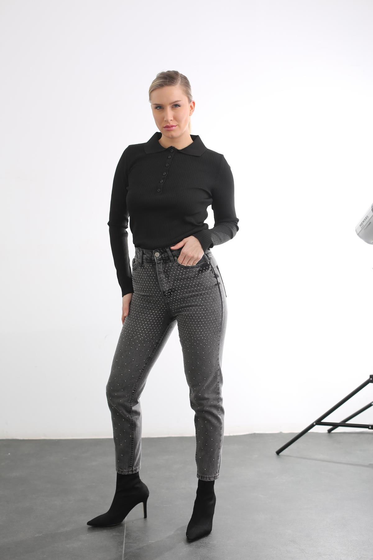 Siyah Polo Yaka Fitilli Triko 0613