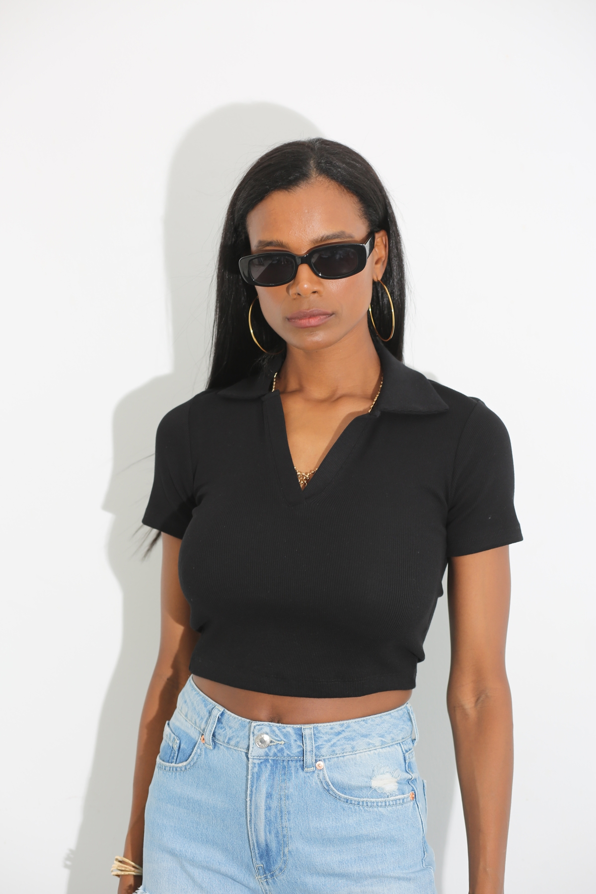 Siyah Polo Yaka Fitilli Tshirt 210102
