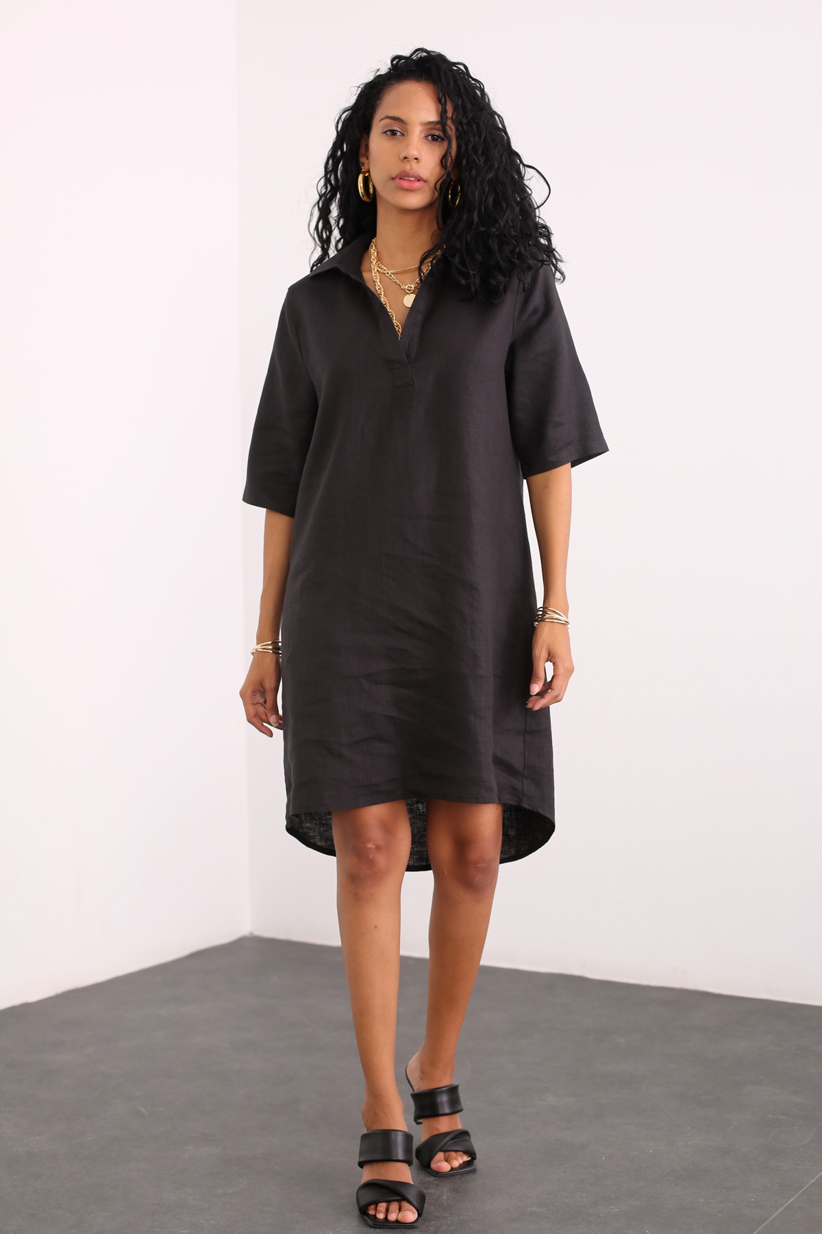 Siyah Polo Yaka Keten Elbise 4316
