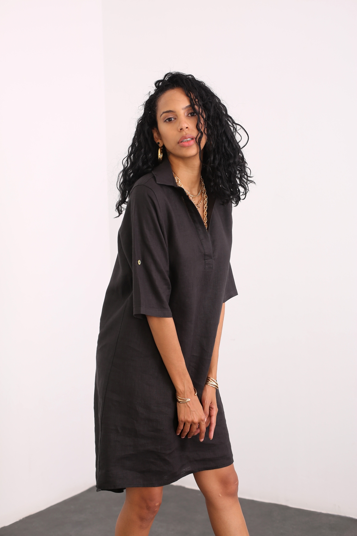 Siyah Polo Yaka Keten Elbise 4316
