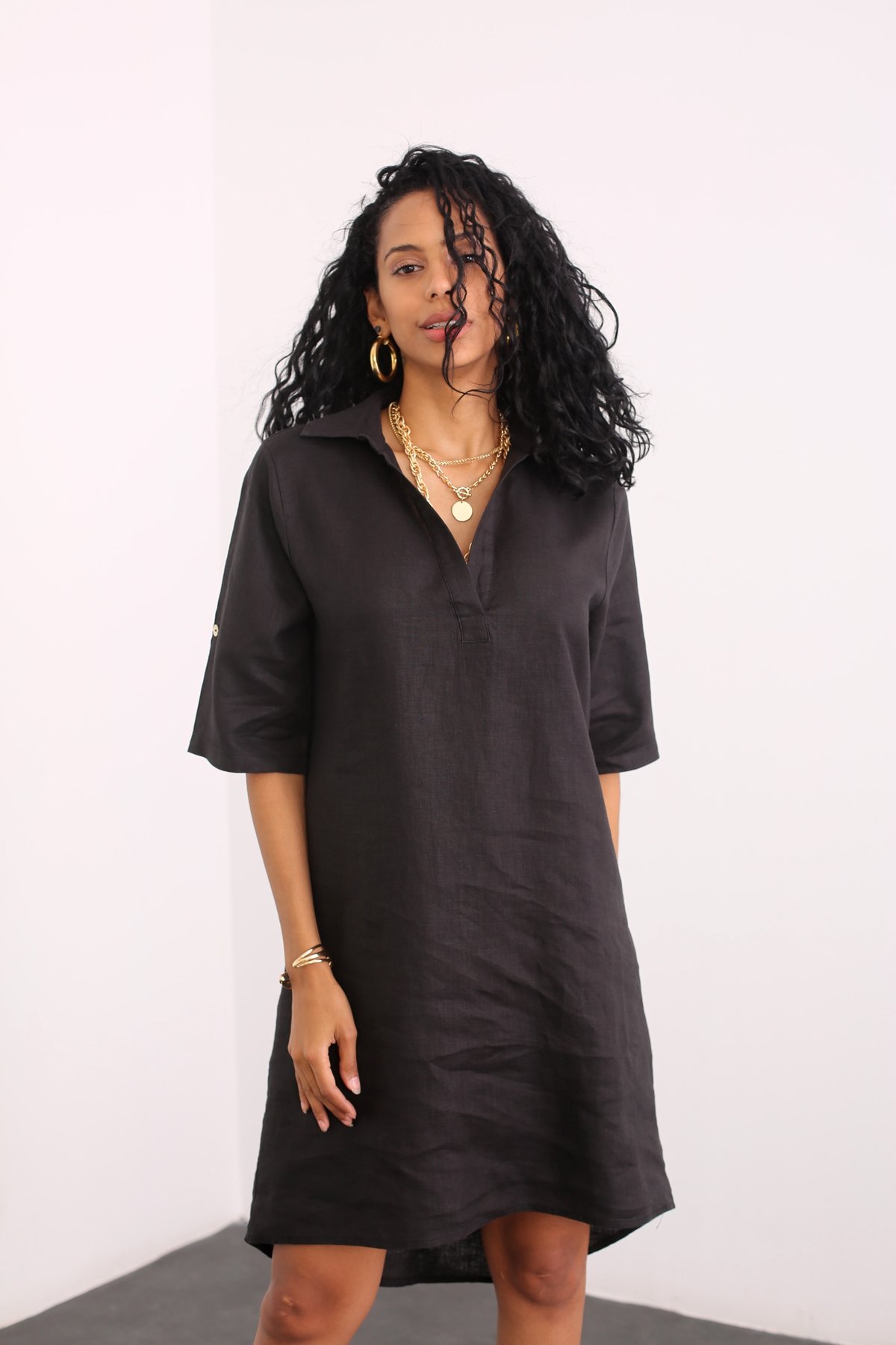 Siyah Polo Yaka Keten Elbise 4316
