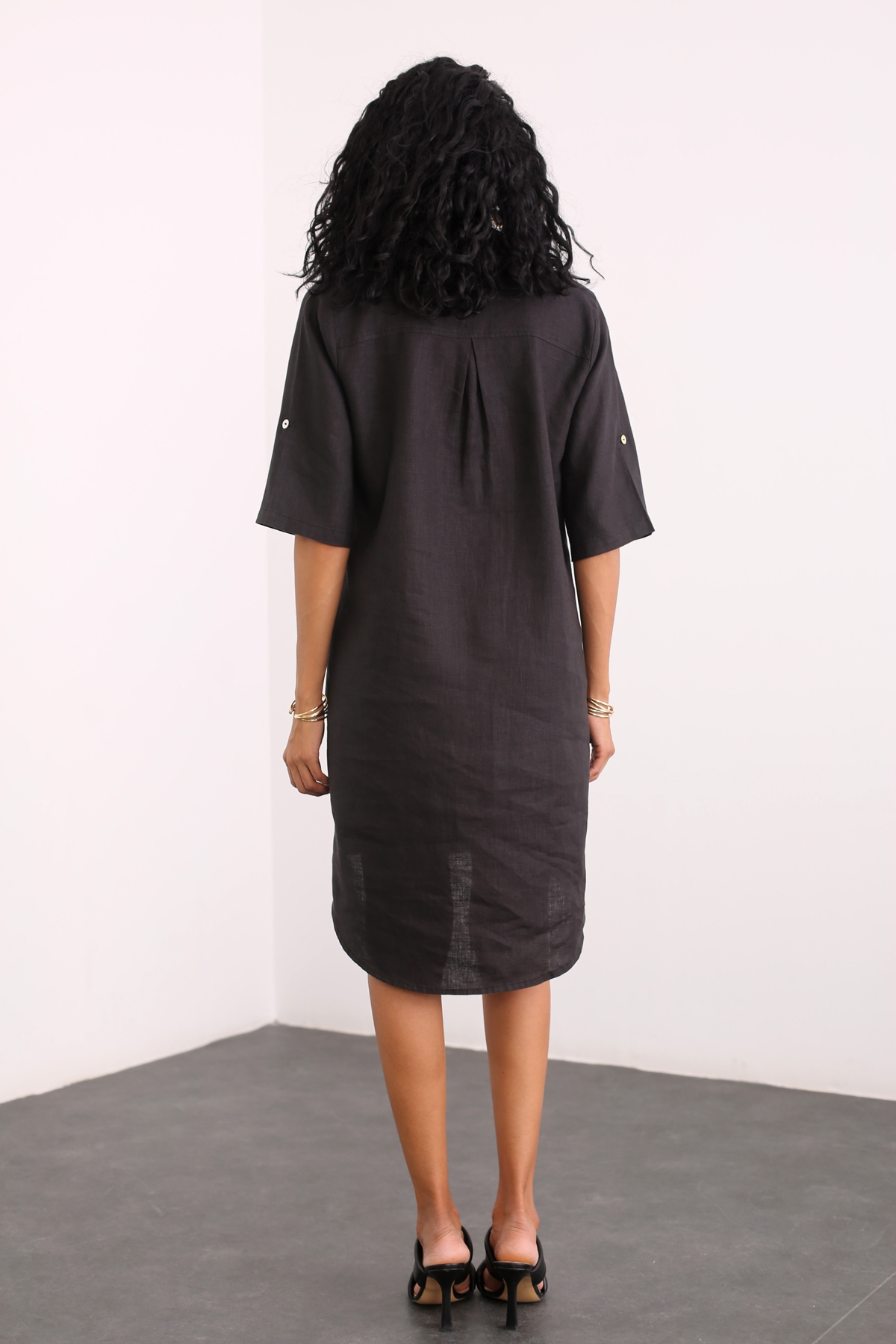 Siyah Polo Yaka Keten Elbise 4316