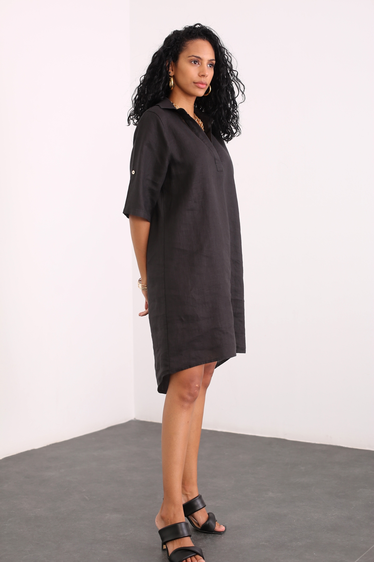 Siyah Polo Yaka Keten Elbise 4316