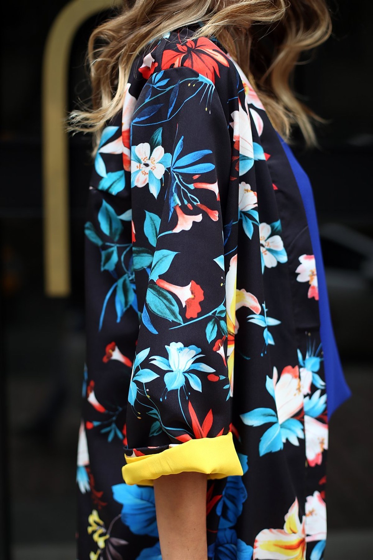 Siyah Sarı Astarlı Pamuk Saten Kimono