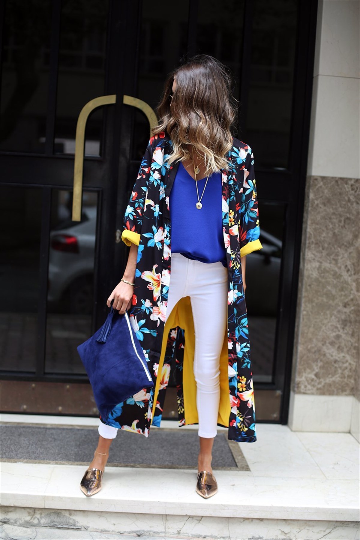 Siyah Sarı Astarlı Pamuk Saten Kimono
