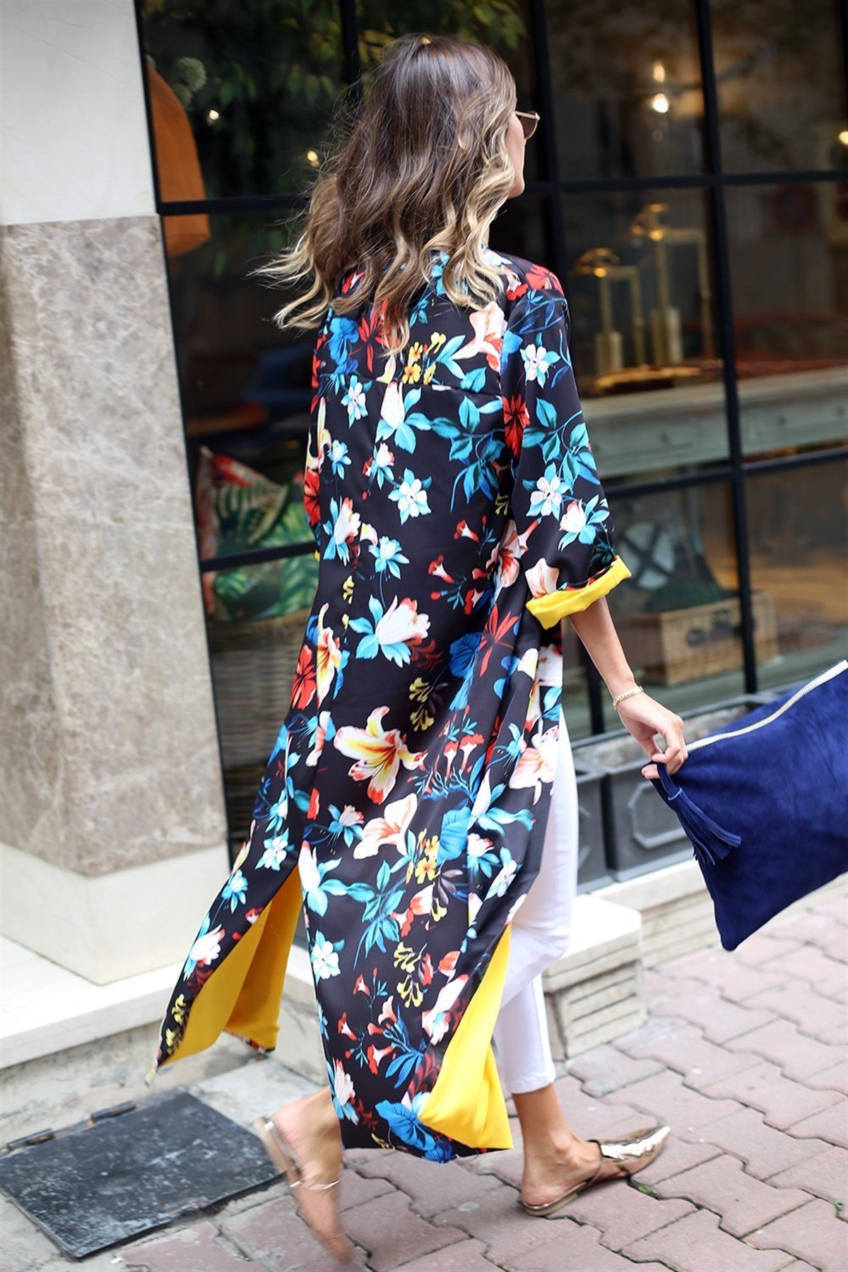 Siyah Sarı Astarlı Pamuk Saten Kimono