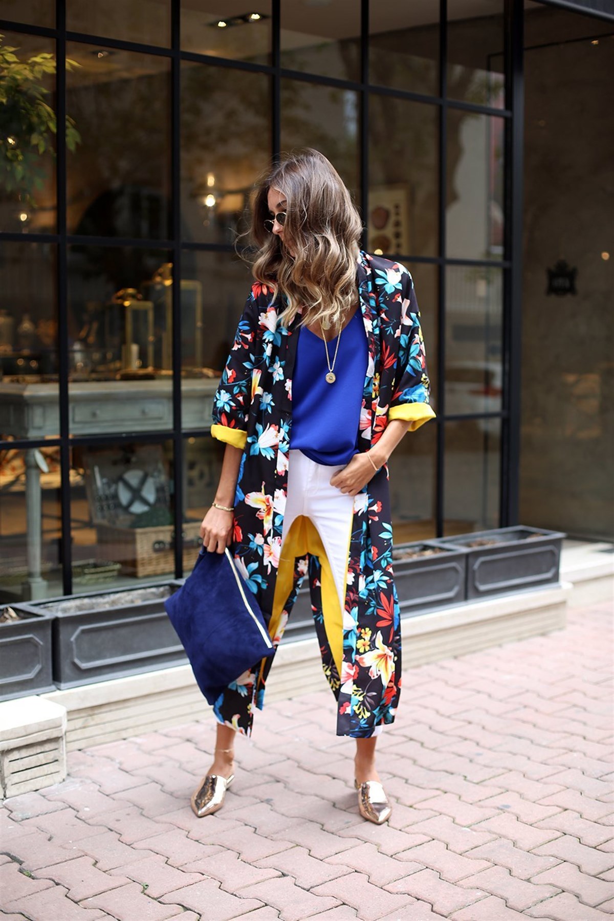 Siyah Sarı Astarlı Pamuk Saten Kimono
